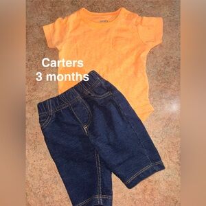 Carter's Orange onesie and Blue jeans outfit